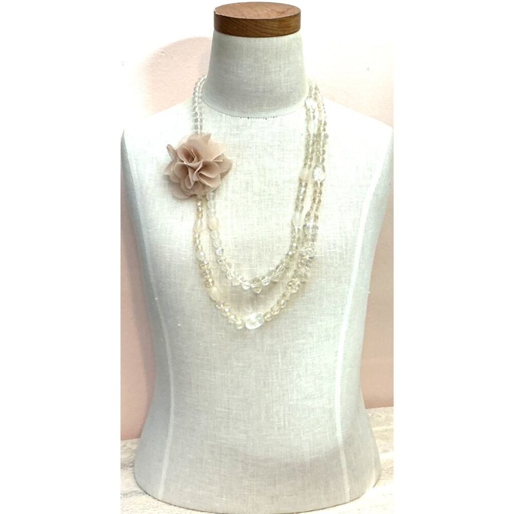 Multilayer Beaded Necklace With Adjustable Chain Beige Flower Accent